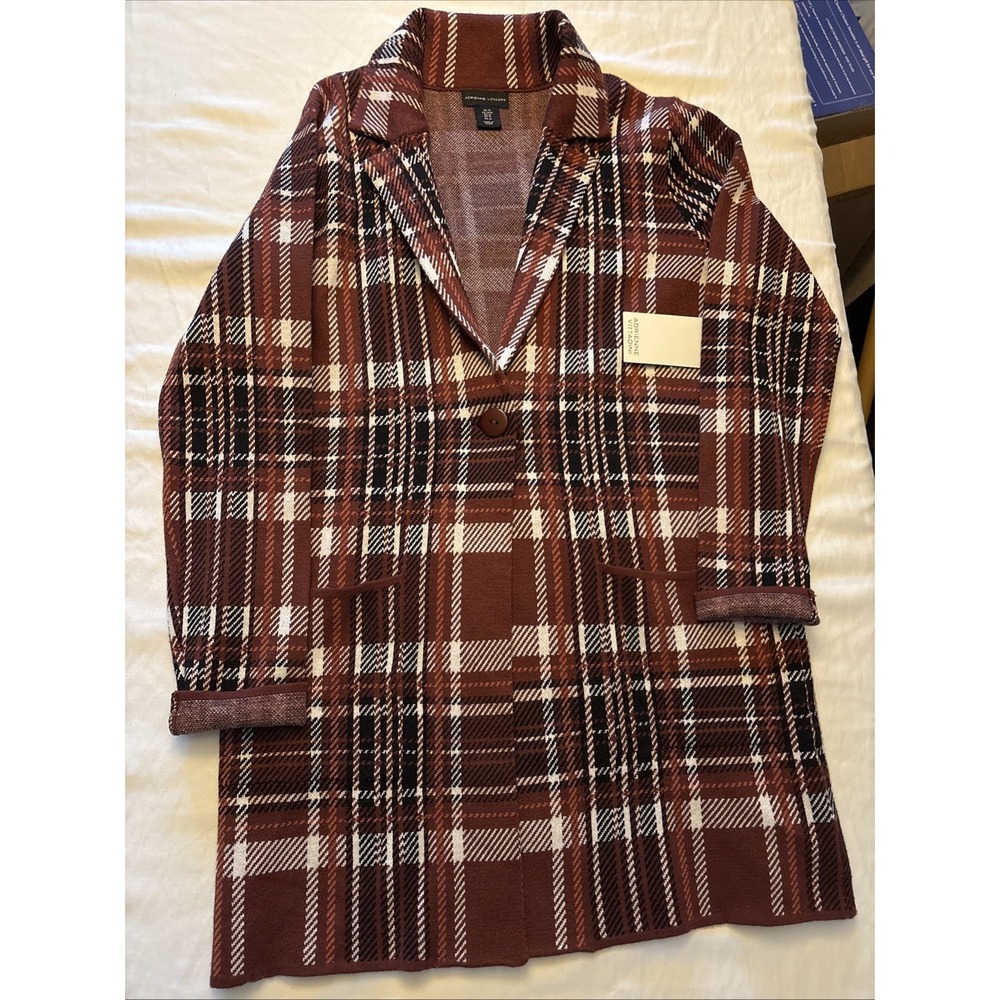 Adrienne Vittadini Orange Brown Plaid Women's Cardigan Coat  Medium
